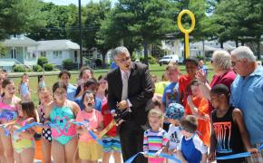 East Providence youth together with Mayor DaSilva, Sen. Val Lawson and Council VP Rodericks cut the ribbon on the Pierce Field Splash Pad