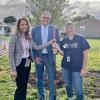 L to R: Dr. Sandra Forand, Mayor Bob DaSilva & PACE-RI CEO Joan Kwiatkowski ready to plant trees at Orlo Avenue Elementary
